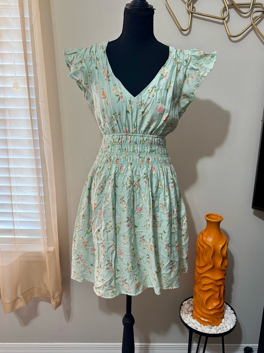 Blu Pepper Mint Green Floral Smocked Waist Mini Dress